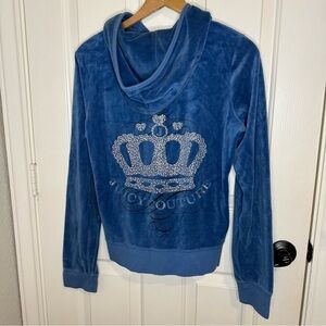 Y2K Juicy Couture Blue Velour Silver Bling Crown Zip Up Jacket Mcbling Girly